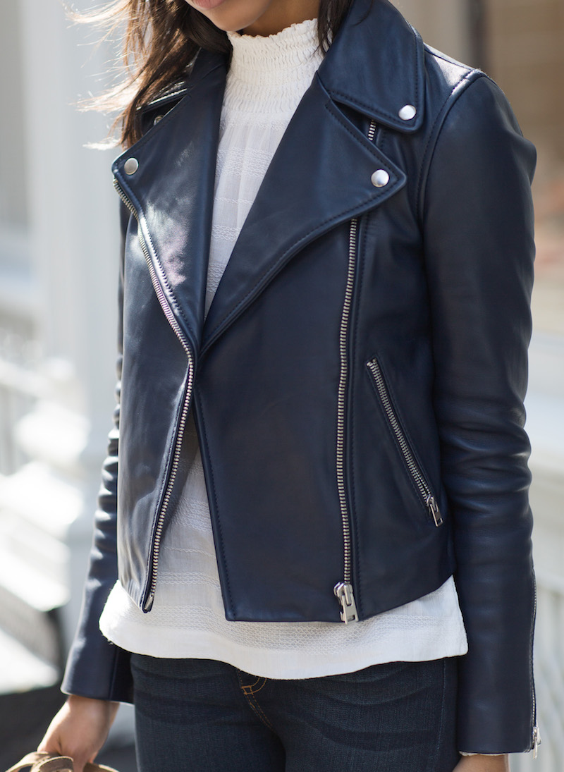 a navy leather motorcycle jacket Wait, You Need This