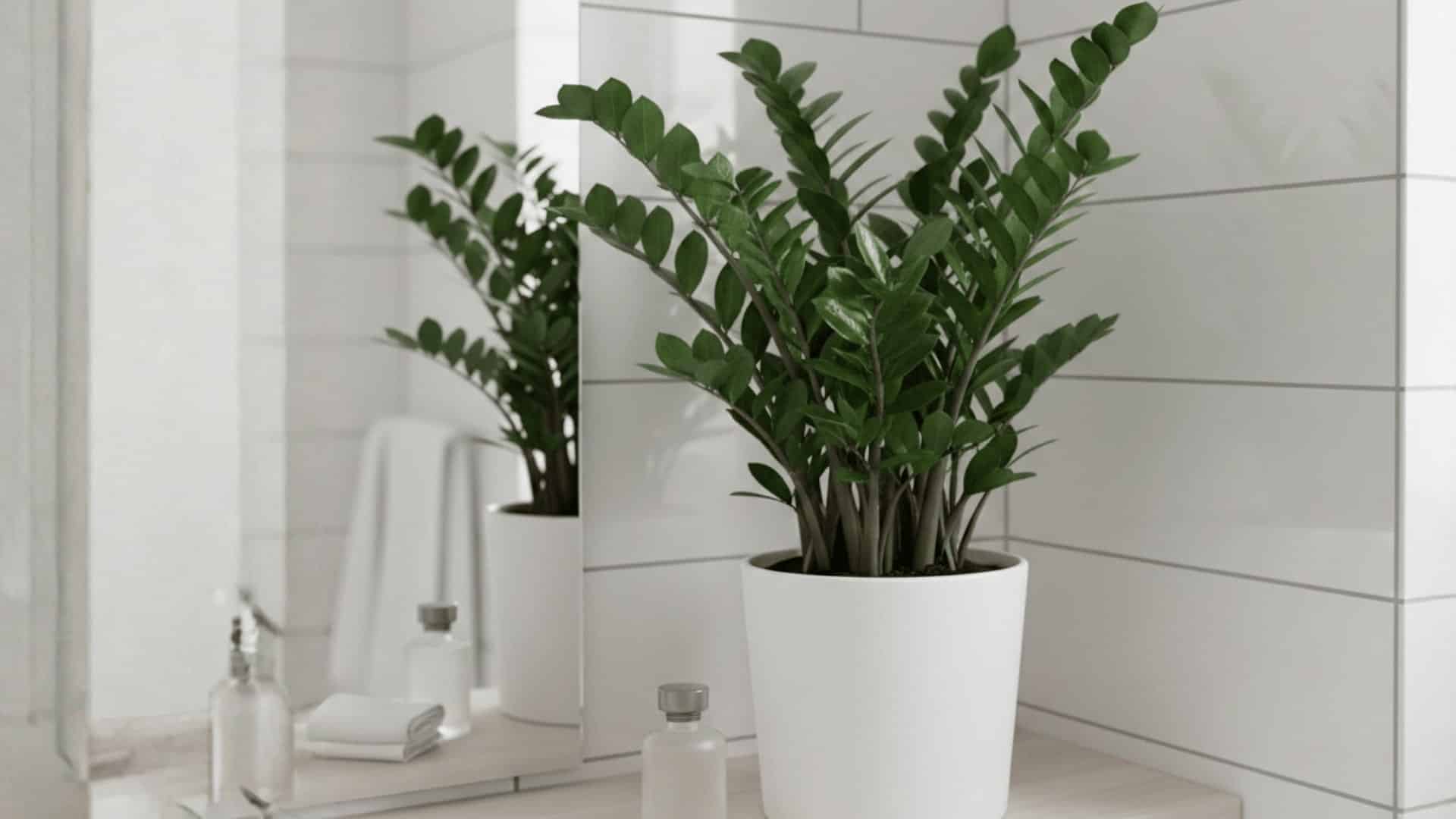 ZZ plant in white pot on modern bathroom counter with mirror, white tiles, and soft natural light decor