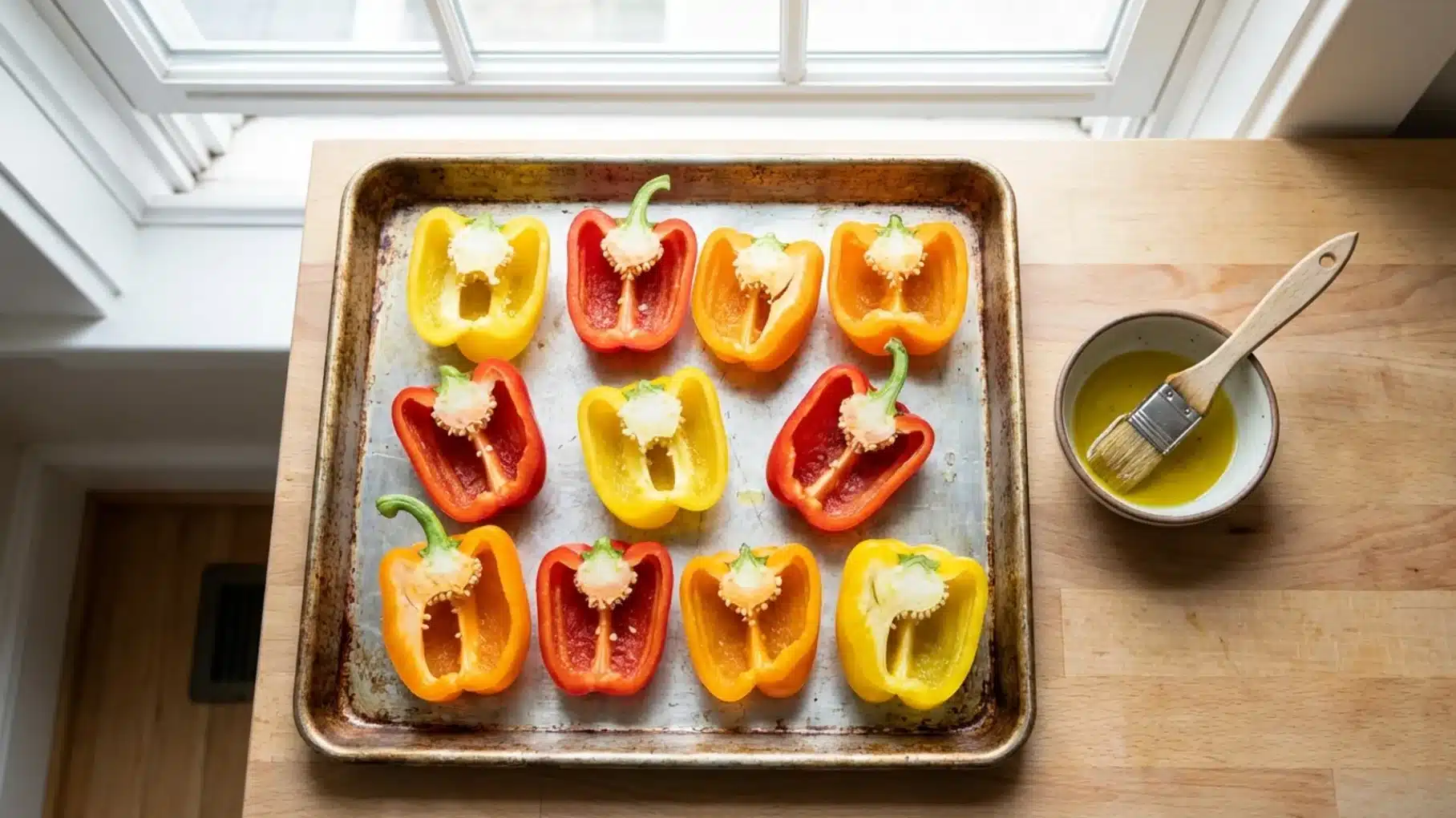 a baking sheet with halved red, yellow, and orange bell peppers, along with a bowl of olive oil and a basting brush