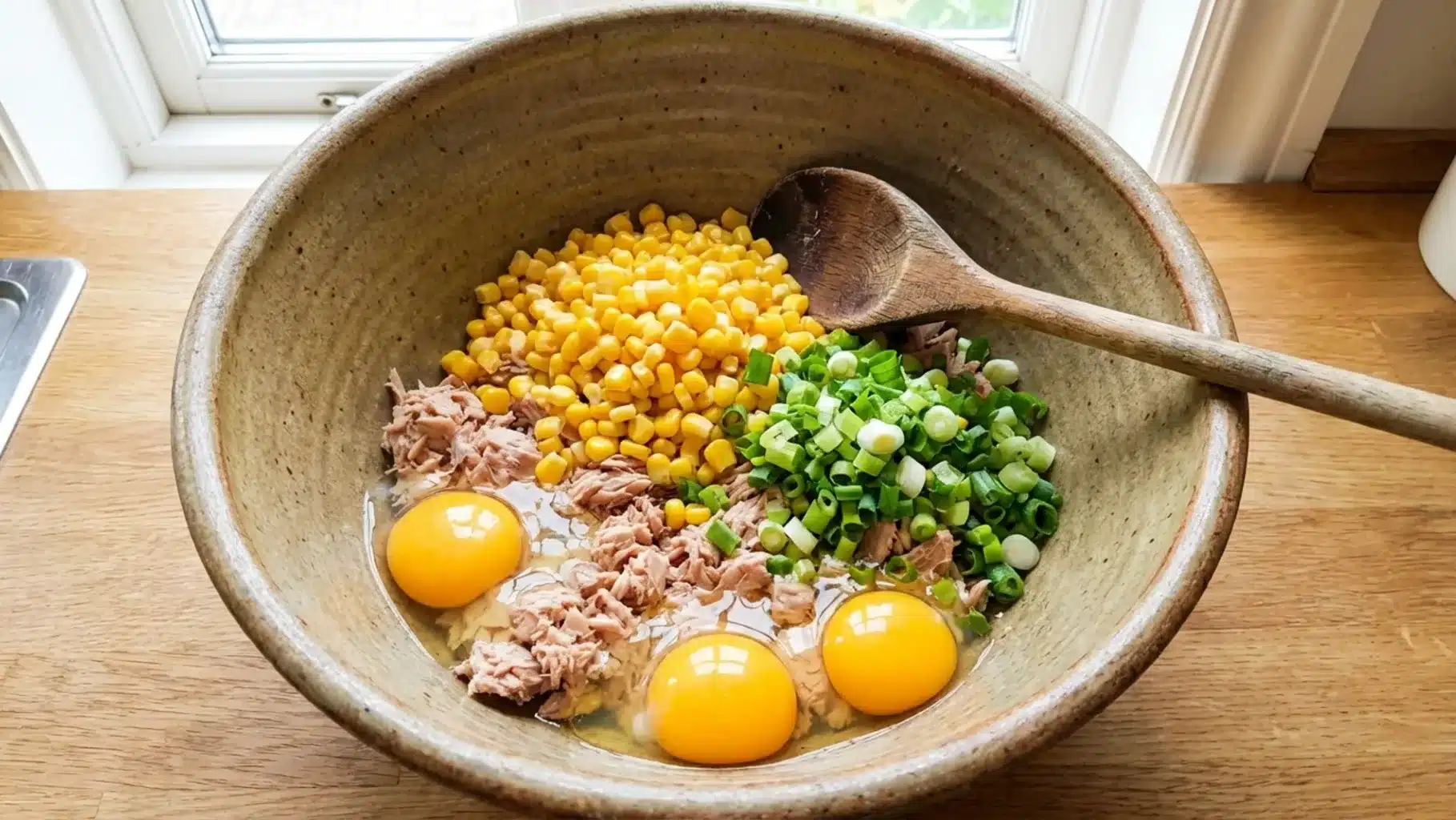 a bowl with corn, shredded tuna, green onions, and eggs, with a wooden spoon ready to mix the ingredients
