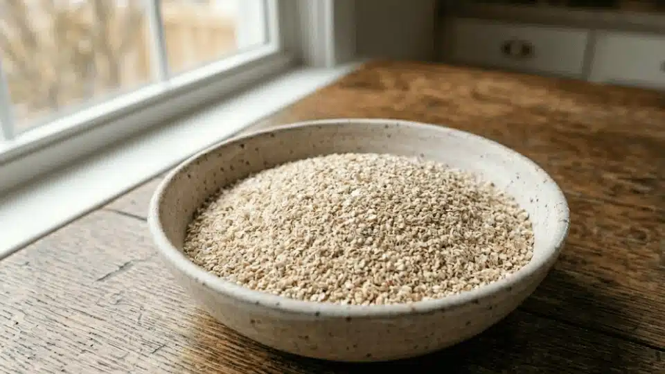 a ceramic bowl filled with raw, dry oat bran on a wooden table near a window.