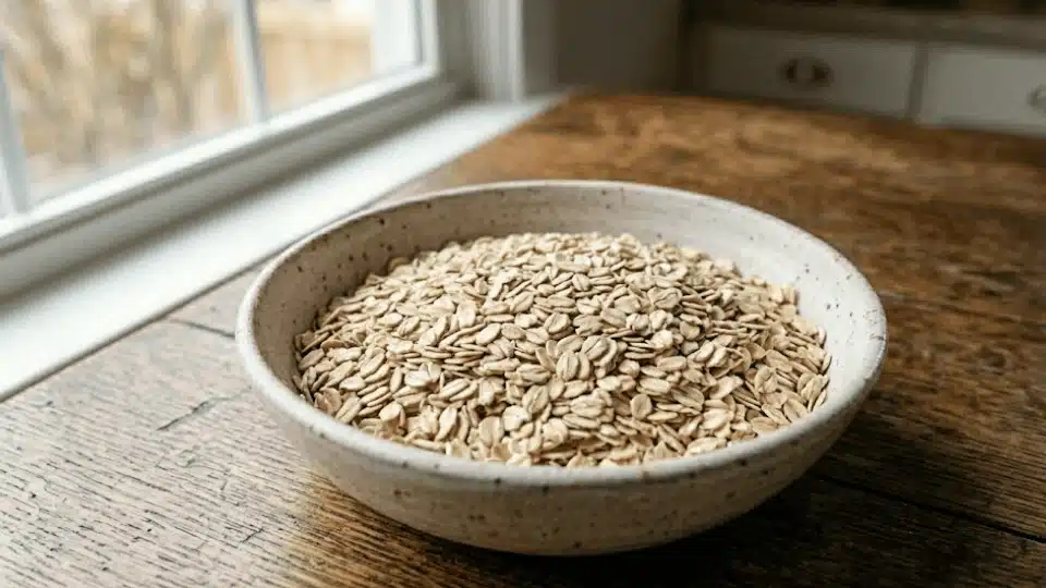 a ceramic bowl filled with raw, dry rolled oats on a wooden table near a window.