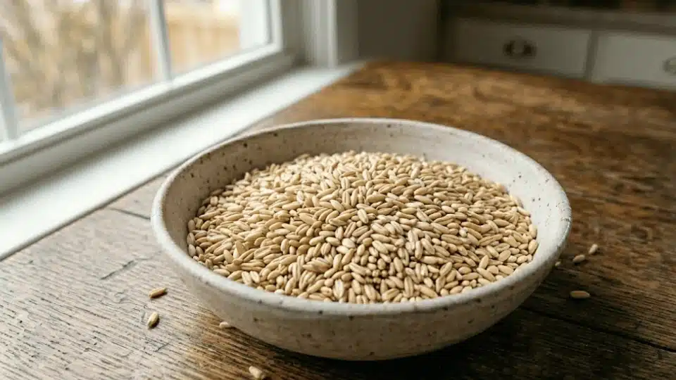 a ceramic bowl filled with whole, raw oat groats on a wooden table near a window.