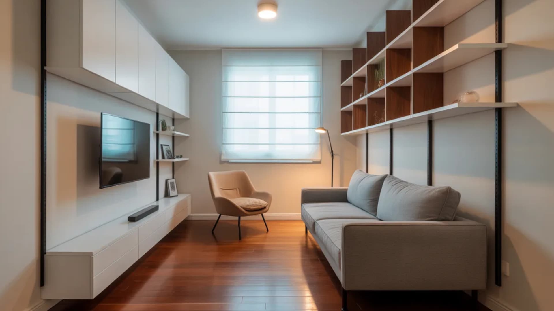 a compact, well-organized living room showcasing space-saving furniture arrangement along a single wall
