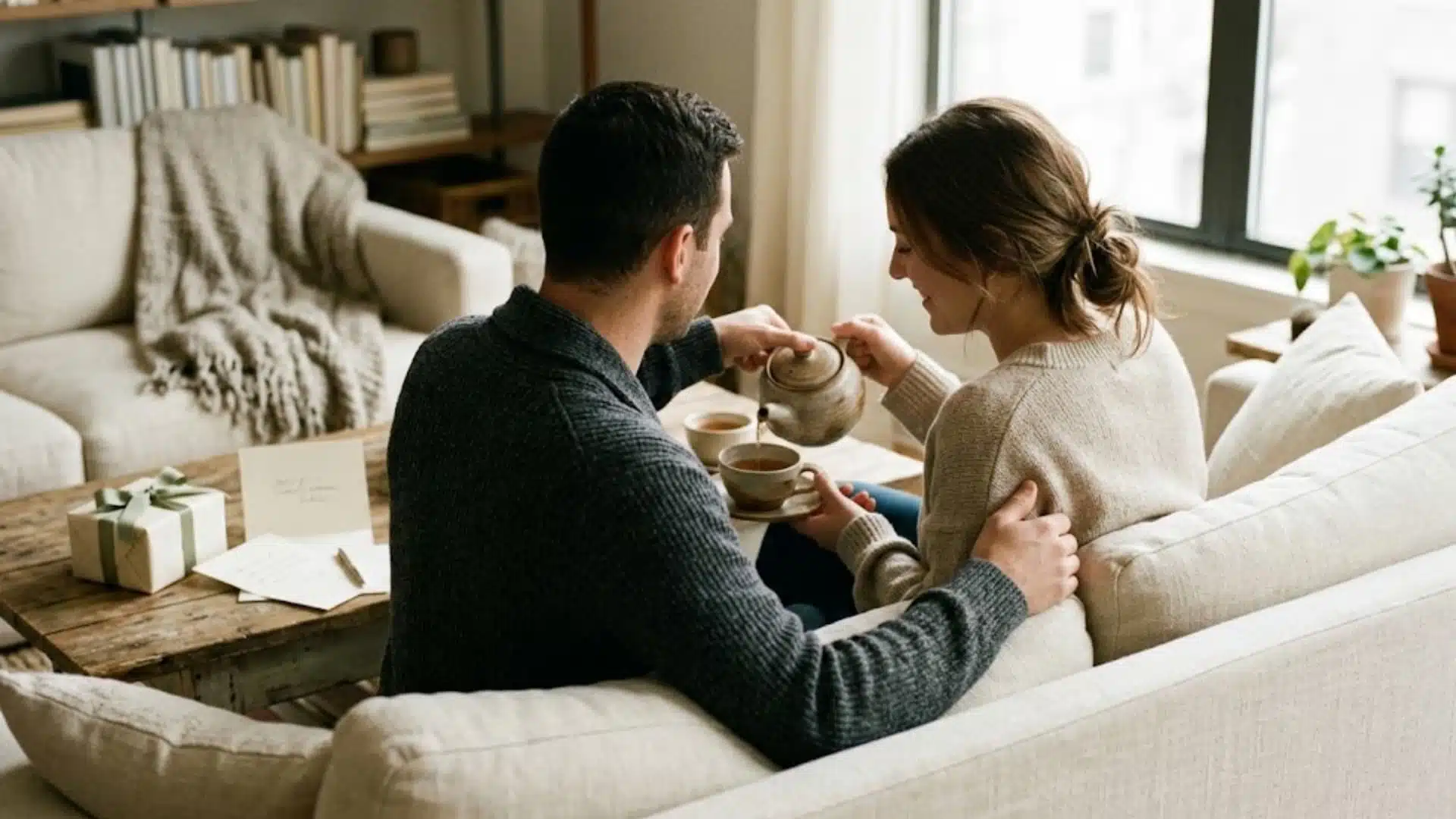 a couple shares tea on a cozy sofa near a gift and handwritten note in soft, natural window light