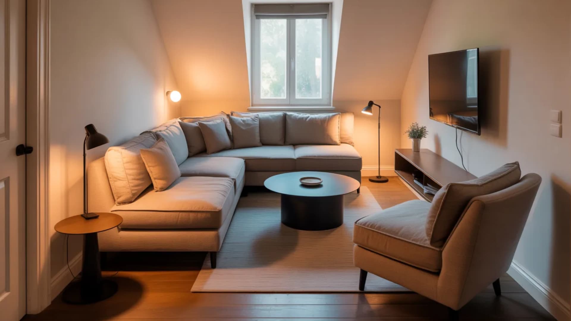 a cozy small living room showcasing clever angled furniture arrangement with a charcoal gray sofa positioned diagonally in the corner