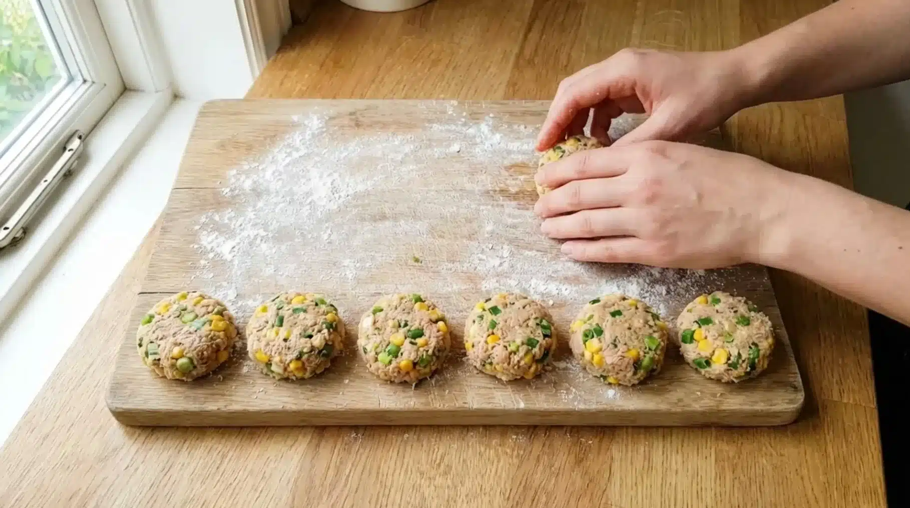a hand shaping tuna and corn patties on a wooden surface, with flour scattered around the patties on the board