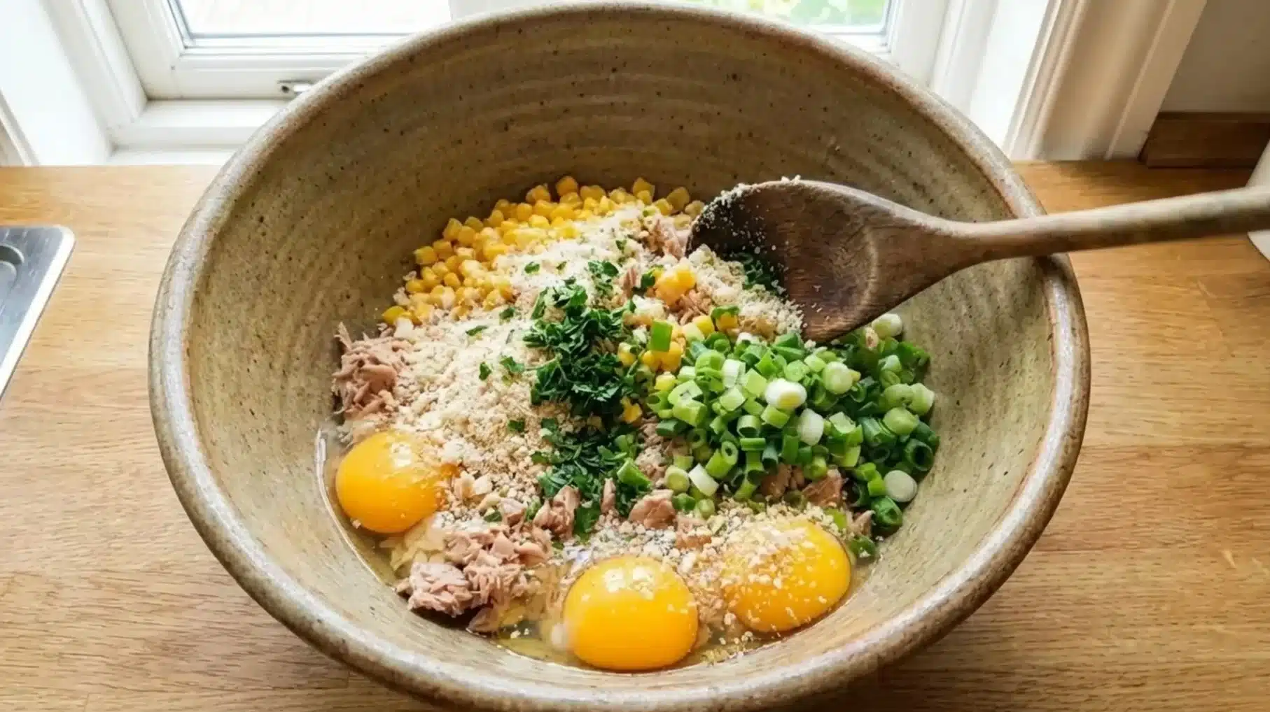 a large bowl containing corn, tuna, eggs, breadcrumbs, chopped green onions, and fresh parsley, with a wooden spoon