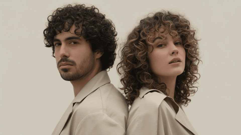 a man and a woman posing with their curly hair, showing the difference between wavy vs curly hair (1)