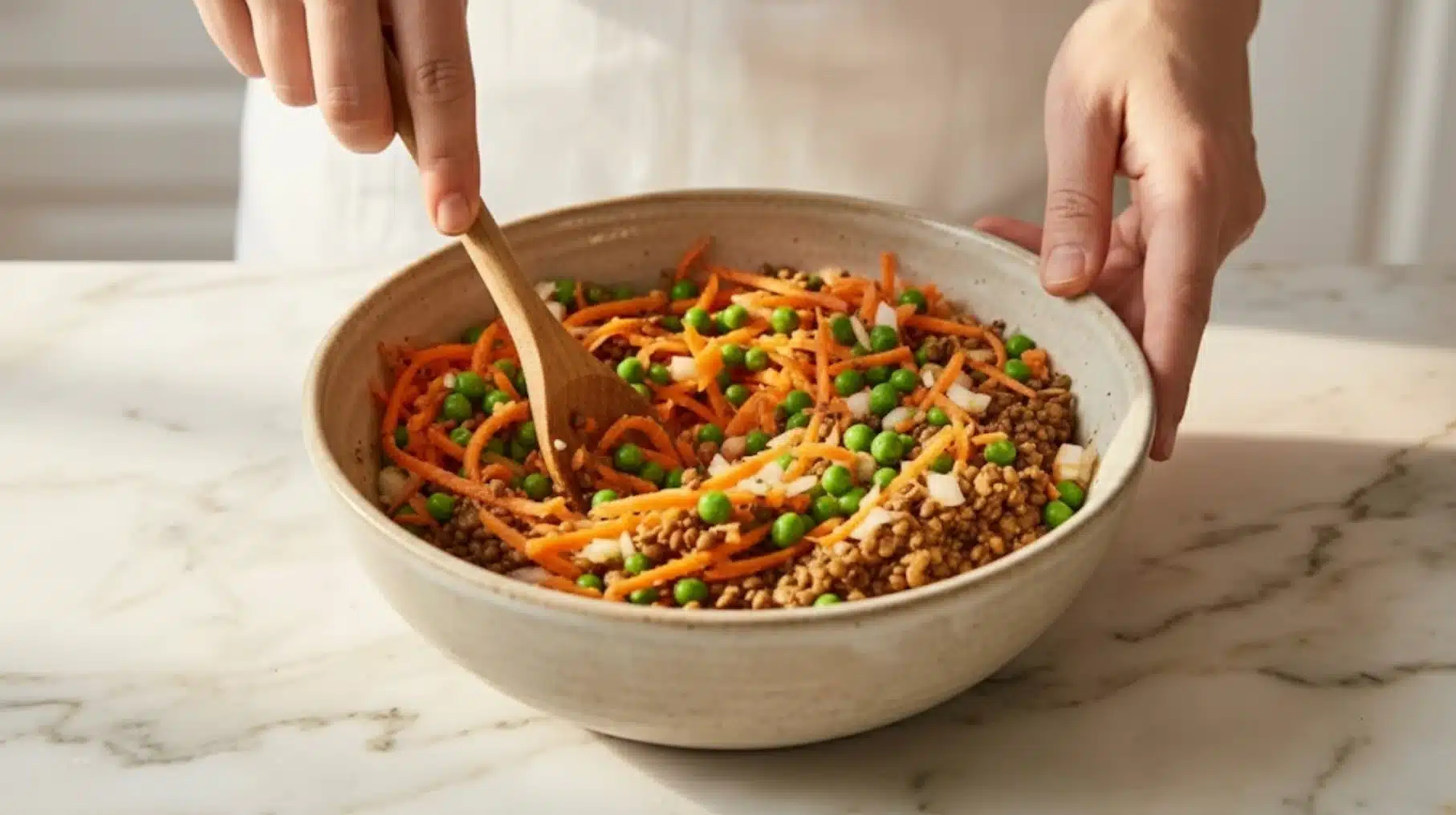 a person stirring a bowl of lentils, peas, and shredded carrots with a wooden spoon on a marble countertop