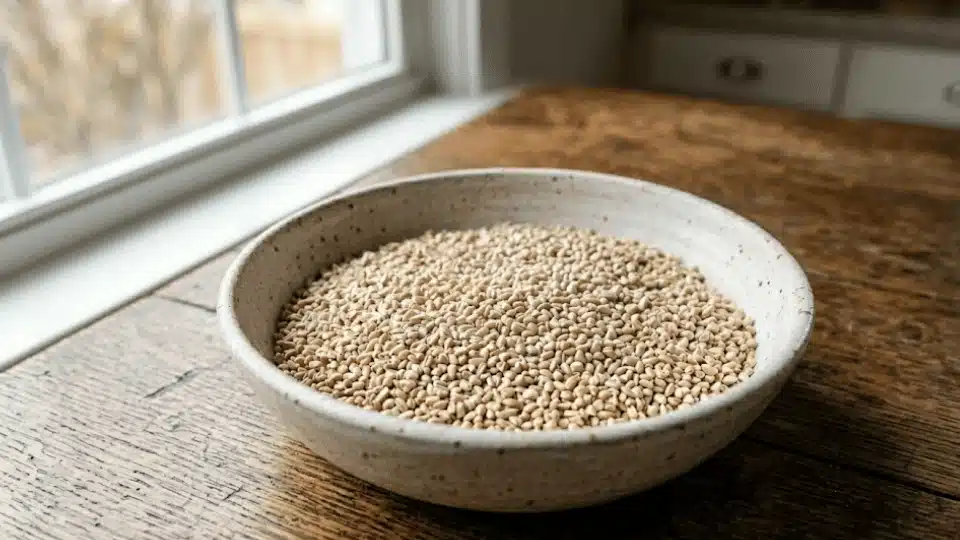 a rustic ceramic bowl filled with raw, dry steel-cut oats on a wooden table near a window.