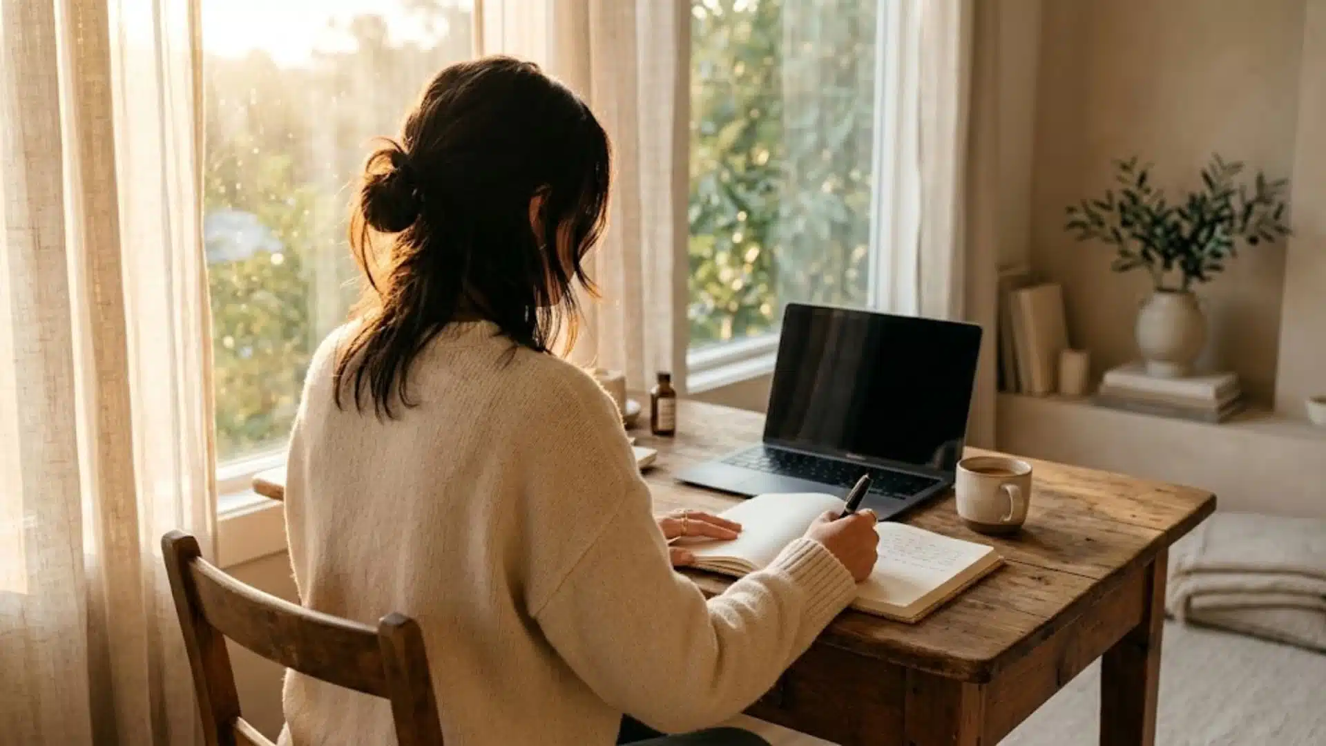 a woman in a cream sweater sits at a wooden desk by a sunny window, writing in a notebook next to a laptop