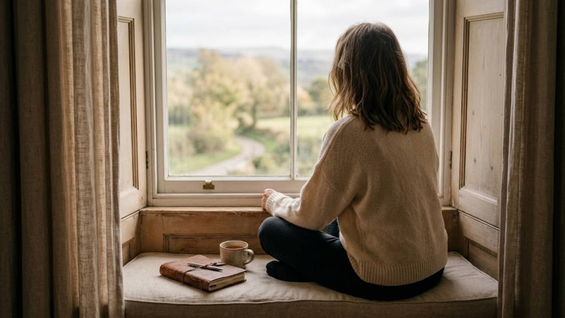 a woman in a cream sweater sitting cross-legged on a window seat with a journal and coffee cup beside her