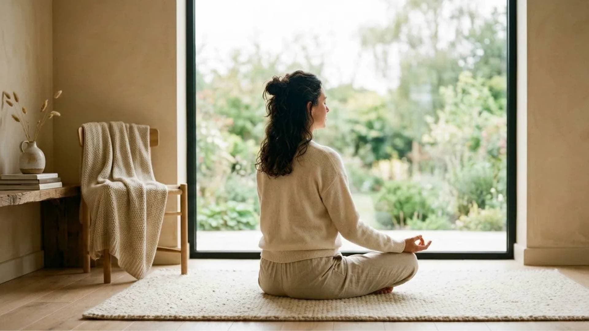 a woman sitting cross-legged on a rug meditating near a large window overlooking a green garden