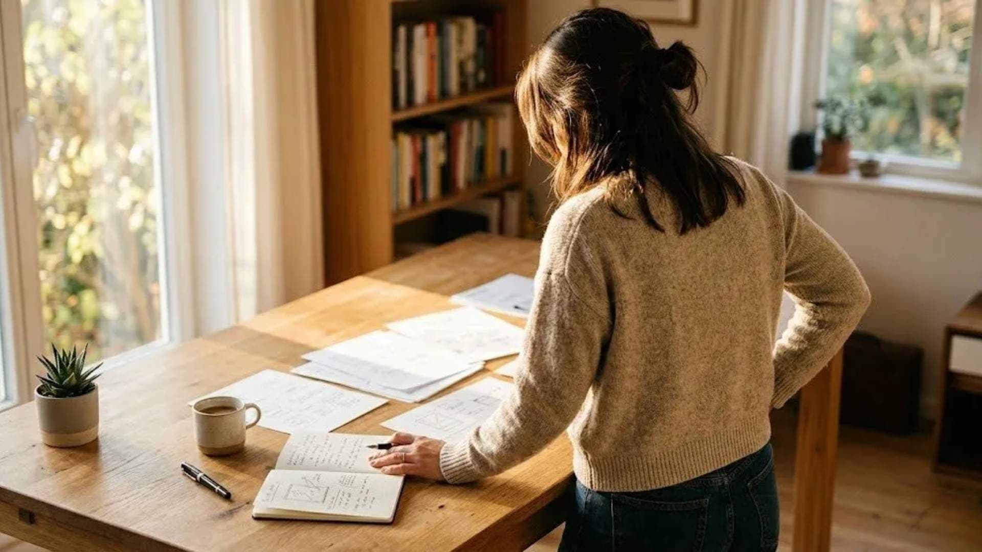 a woman standing at a wooden desk writing in a journal with a coffee cup and papers nearby