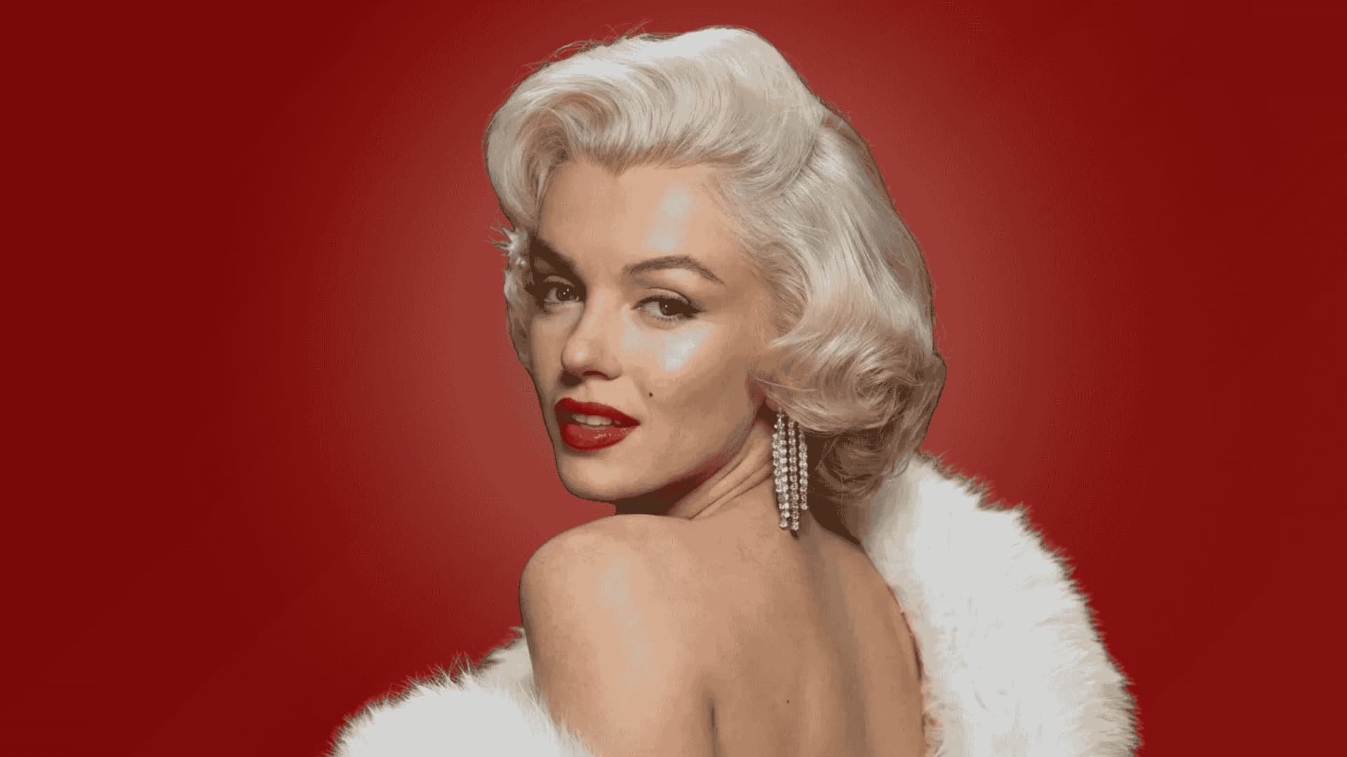 a woman with blonde hair and red lips wearing a white fur wrap against a bold red background (1)