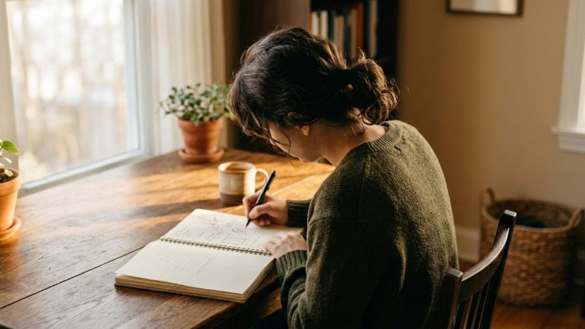 a woman with dark hair in a green sweater writing in an open spiral notebook at a wooden desk by a window