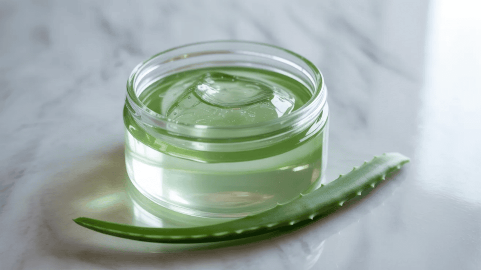 aloe vera gel in bowl with fresh aloe leaf slices to soothe red spots on face