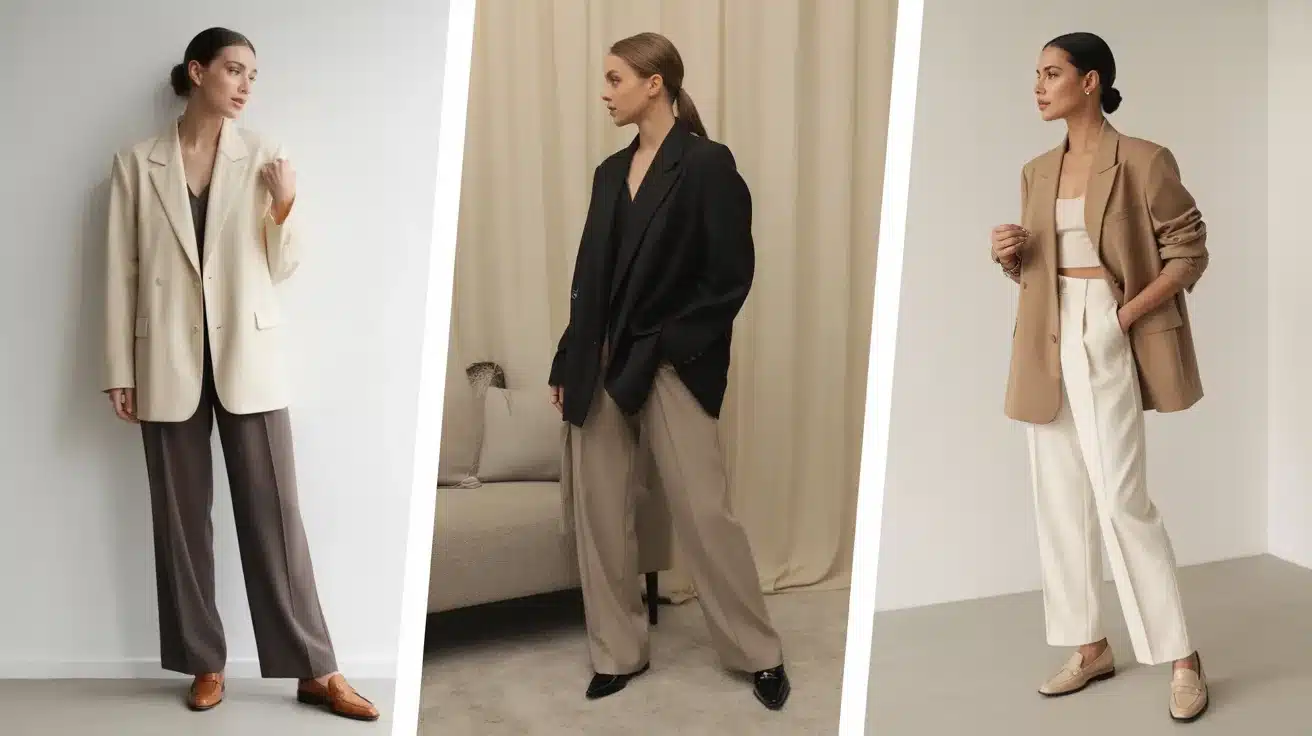 androgynous style outfits with oversized blazers, wide trousers, neutral tones, and clean silhouettes