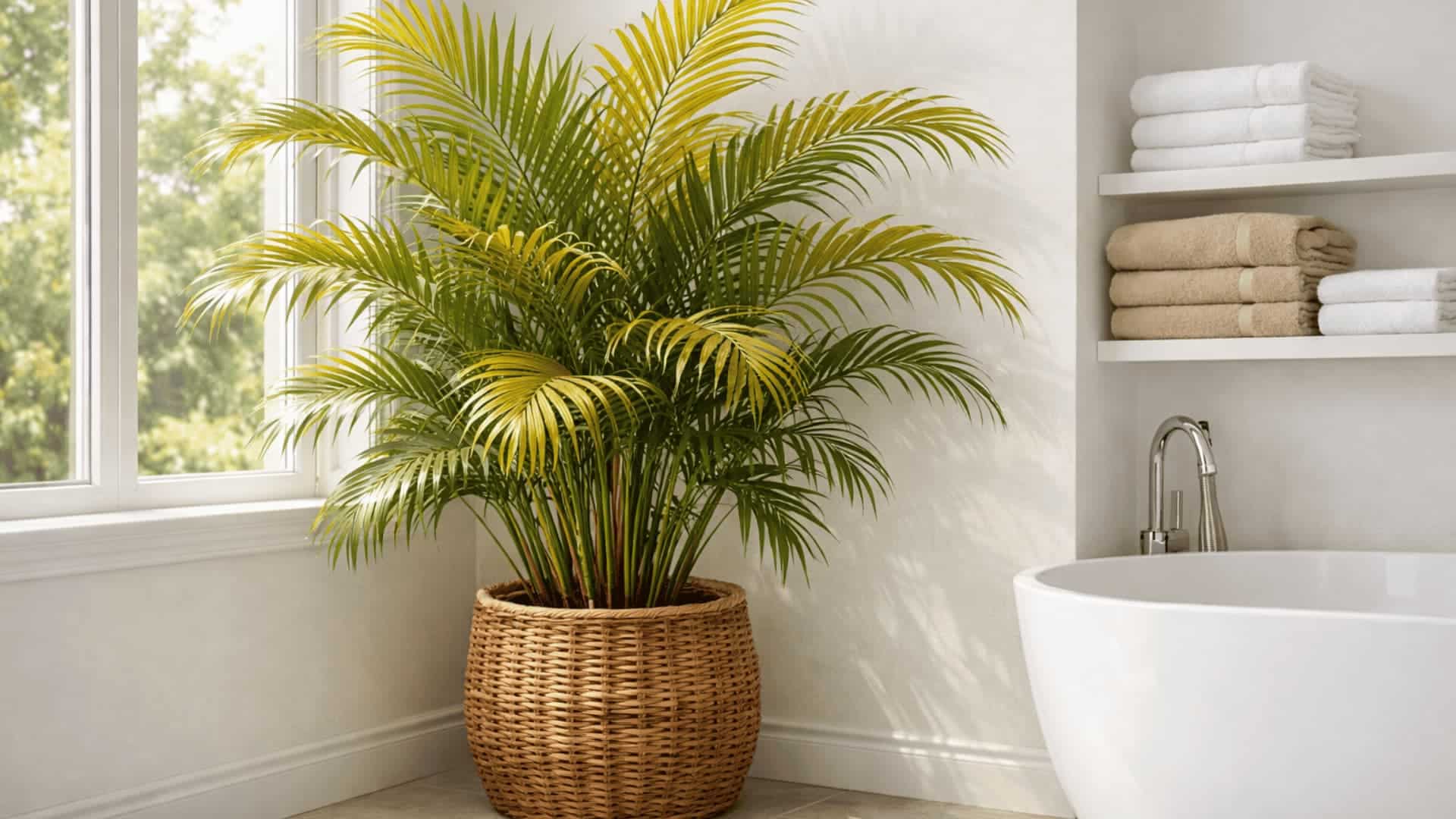 areca palm in rattan basket in bright bathroom corner near window with tub and folded towels