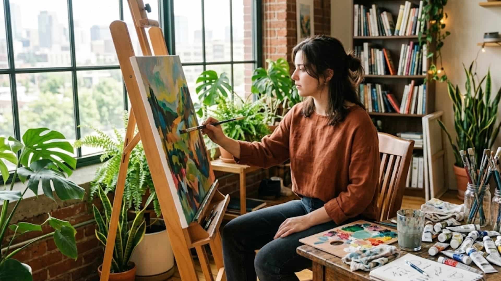 artist paints at an easel in a sun-drenched studio filled with lush plants, art supplies, and a city view