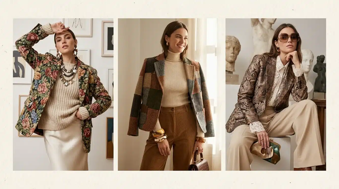 artsy fashion outfits with patterned jackets, textured fabrics, layered accessories in artistic indoor studio