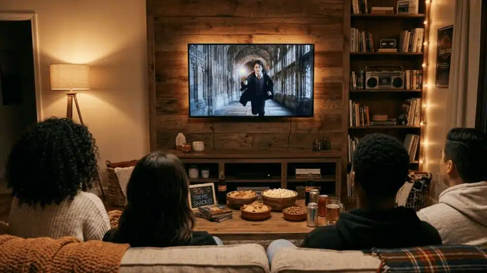 back view of friends on a sofa watching a fantasy movie on a large screen in a cozy room with snacks.