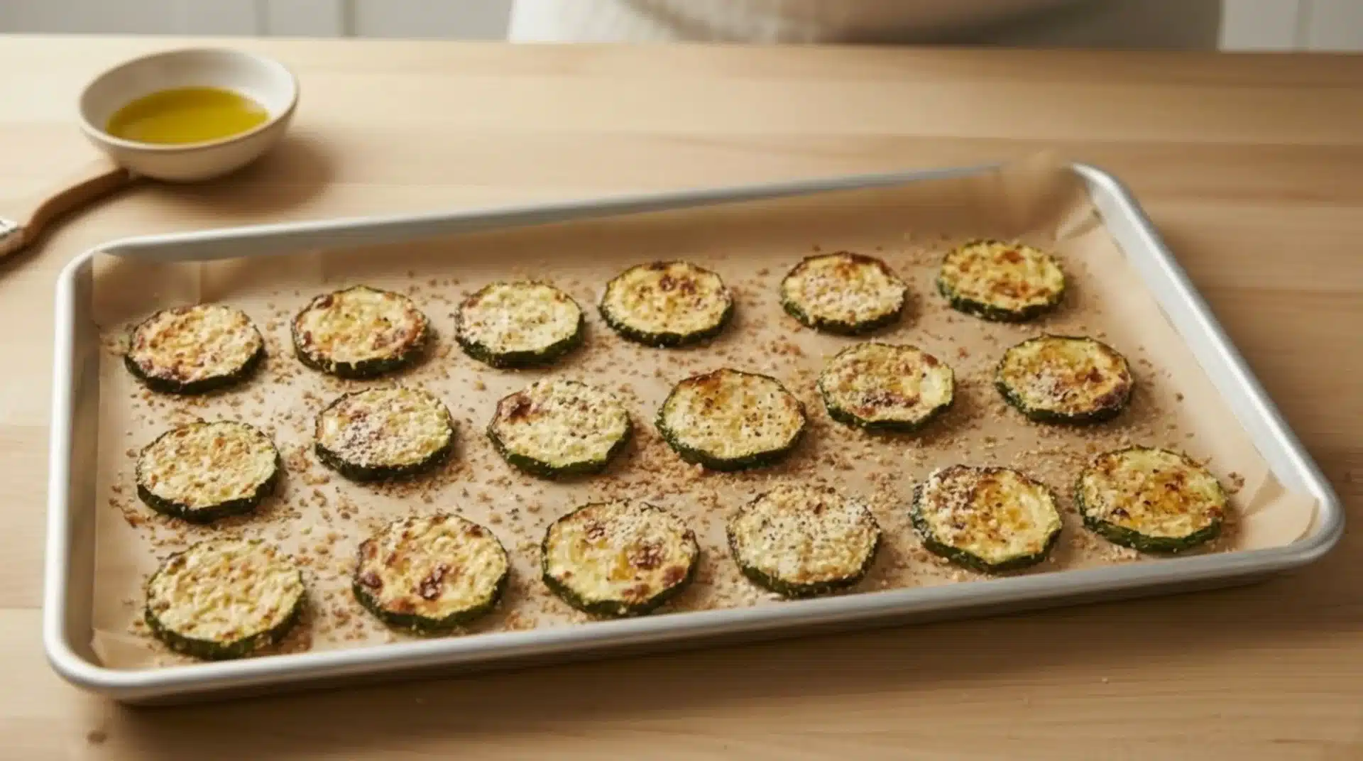 baked zucchini slices with a crispy breadcrumb topping on a parchment-lined tray, with olive oil and a brush nearby