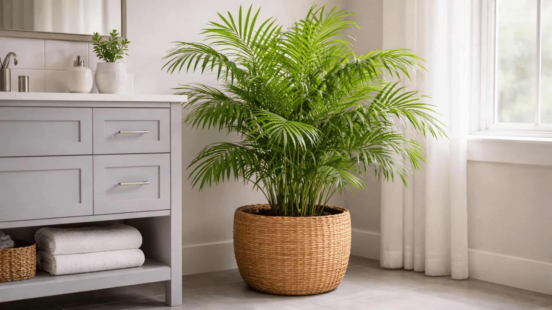 bamboo palm in rattan basket beside bathroom vanity with soft window light and folded towels nearby