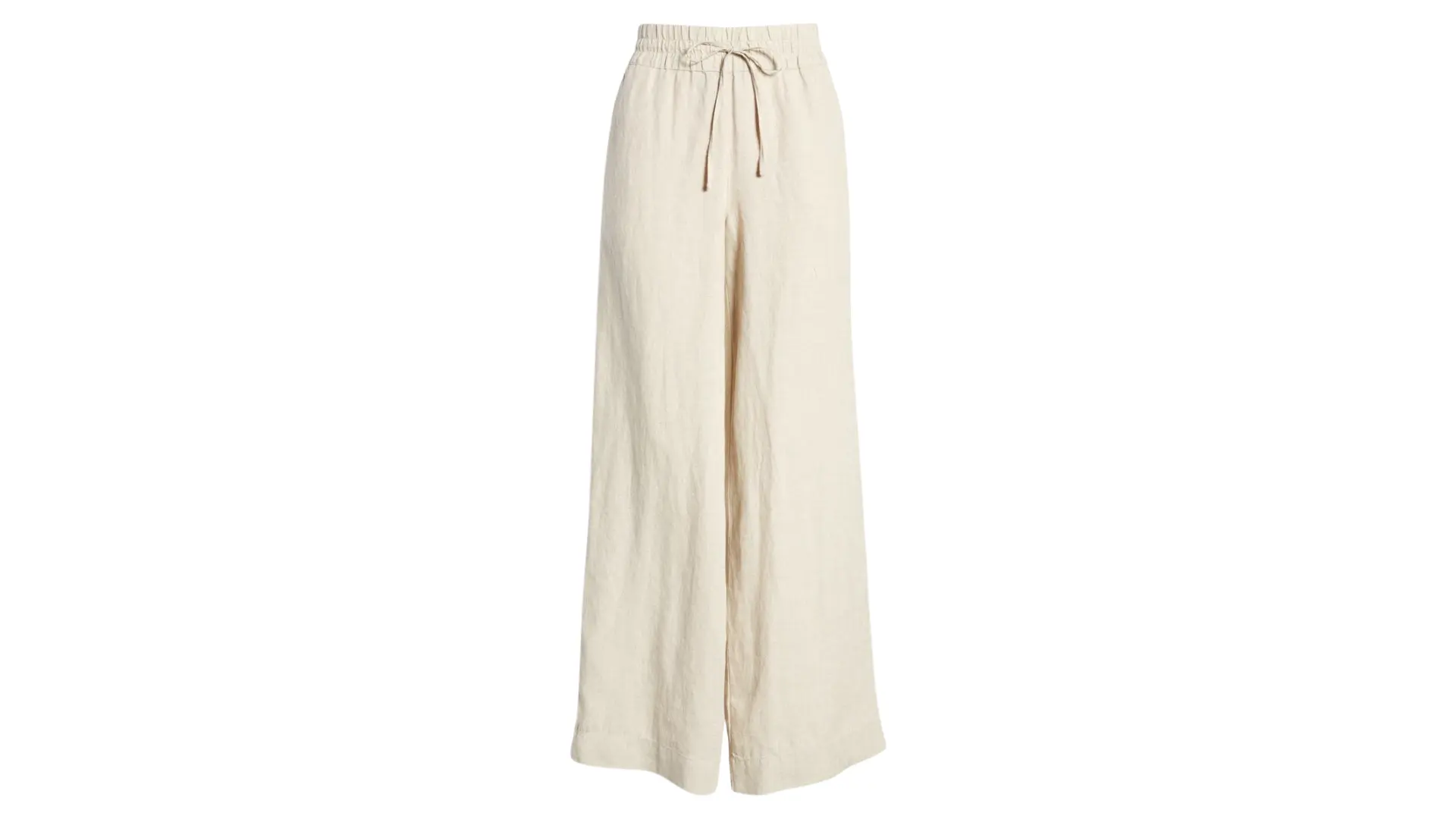 beige linen wide-leg trousers featuring an elasticated drawstring waistband on a white background