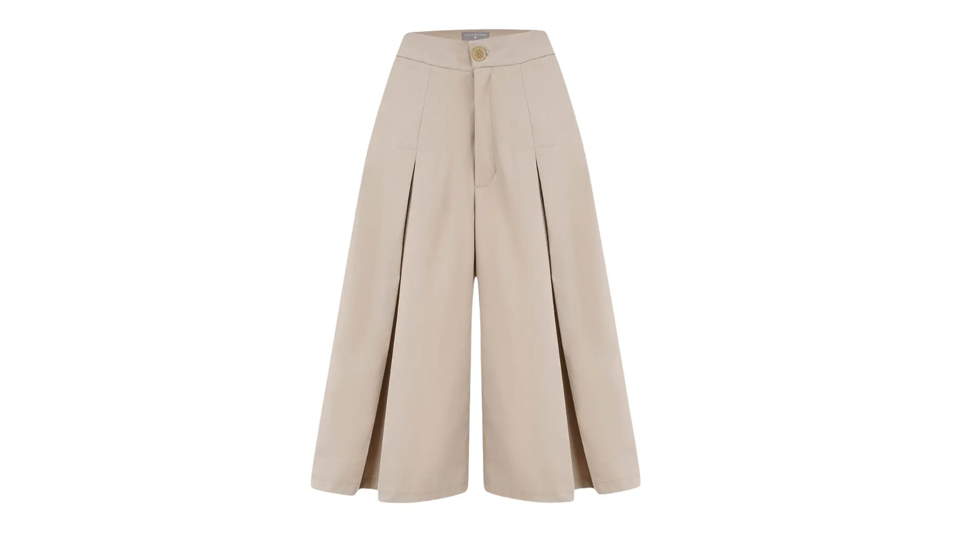 beige wide-leg pleated culottes with a button waist are centered on a white background