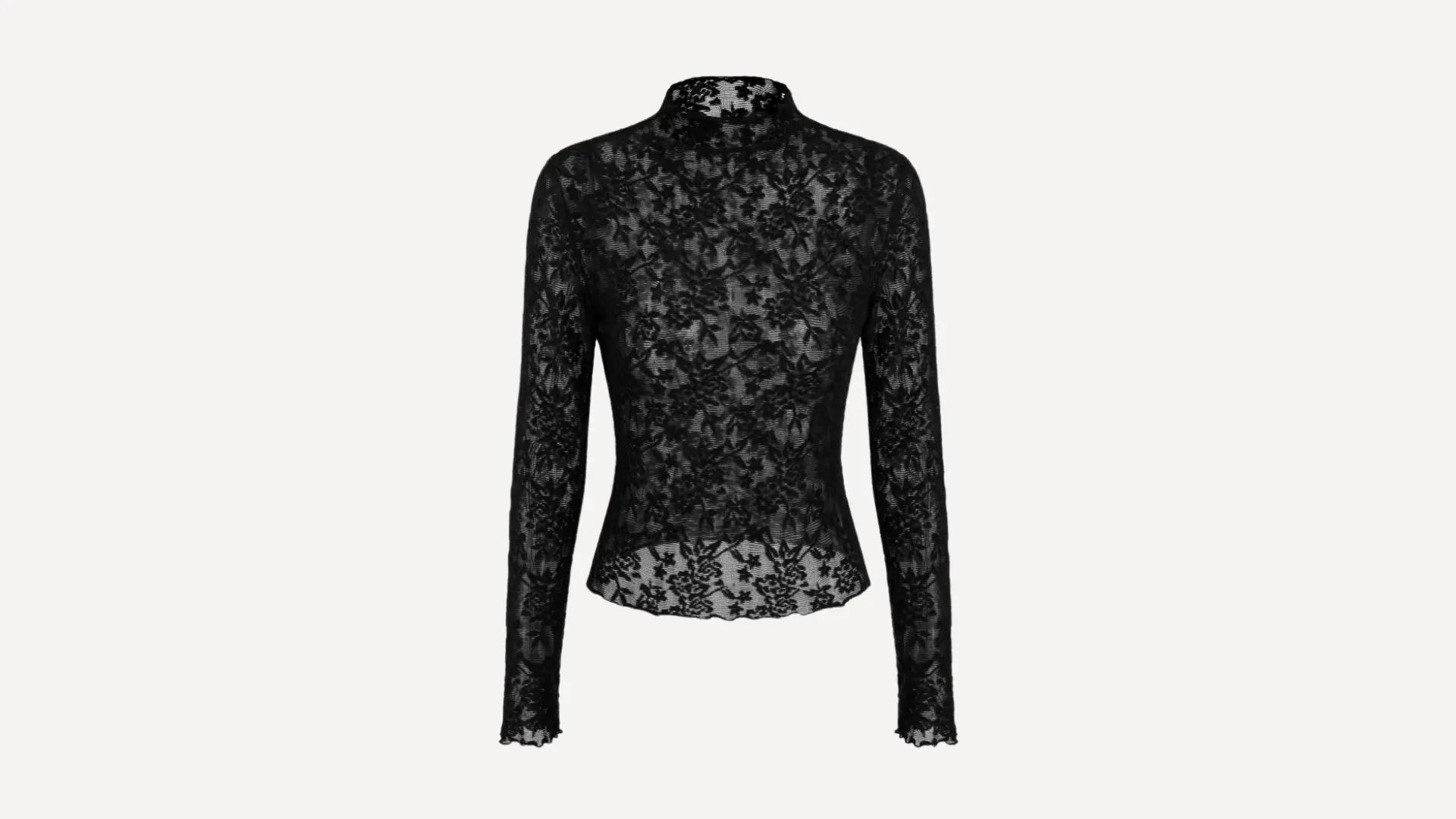 black lace top featuring a sheer v-neckline with delicate floral patterns and thin spaghetti straps