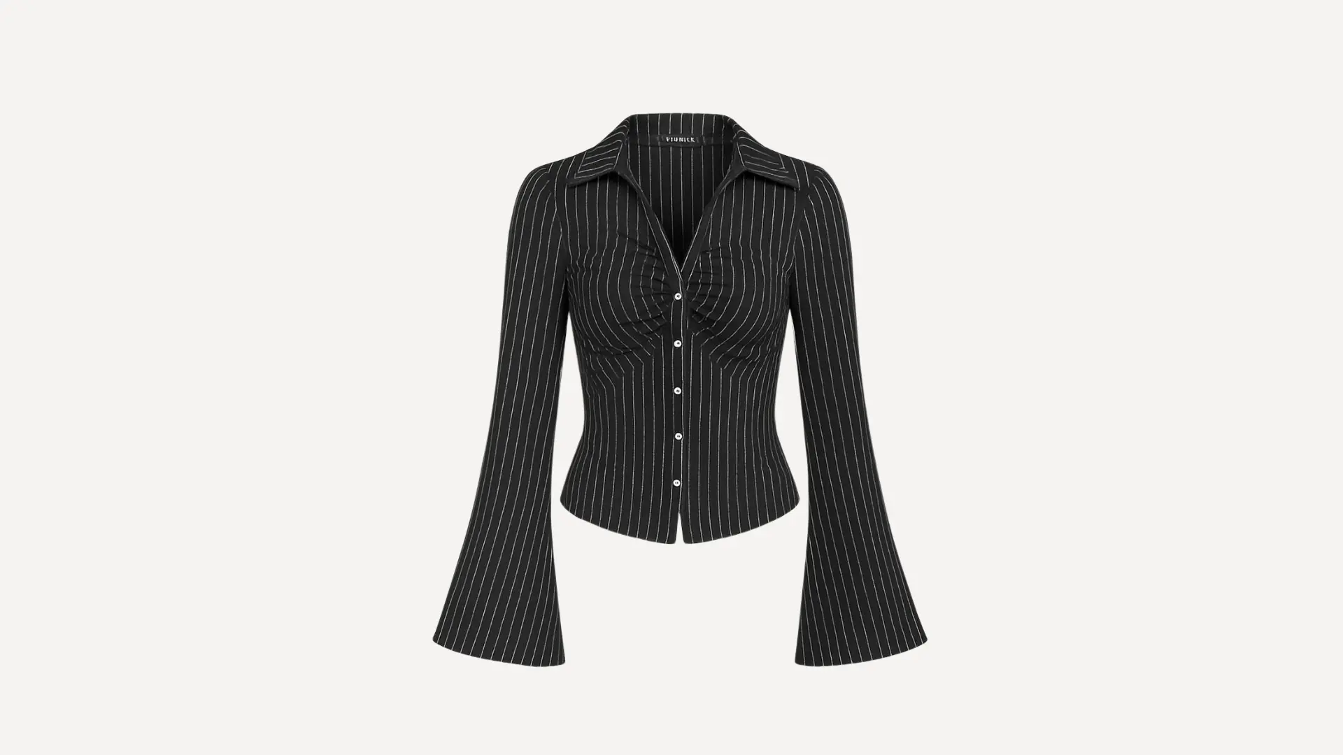 black pinstripe button-down _ shirt top with flared bell sleeves and a ruched bodice for a tailored fit