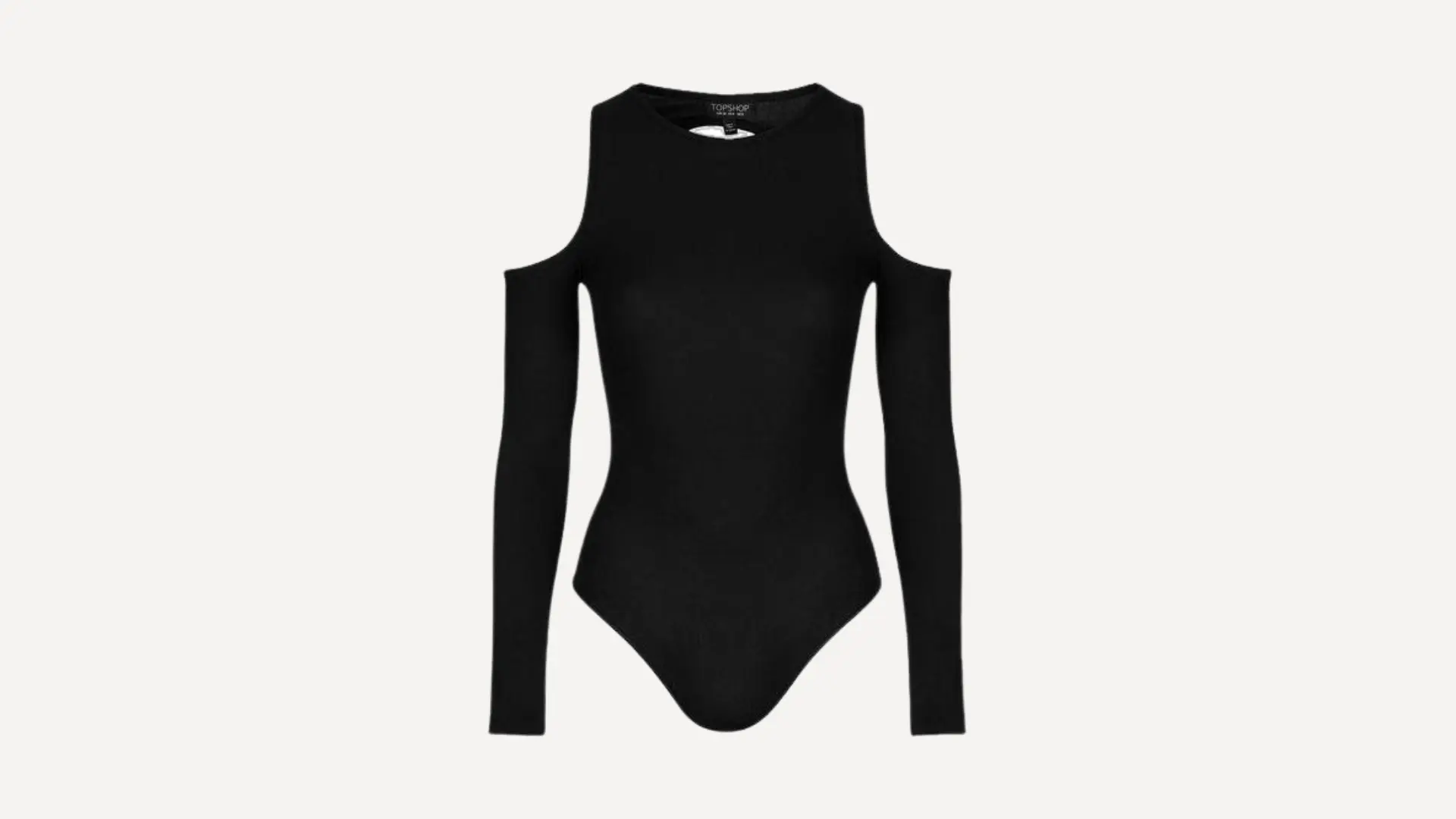 black ribbed long-sleeve cold shoulder top with a high neckline and a fitted bodysuit-style silhouette on plain white