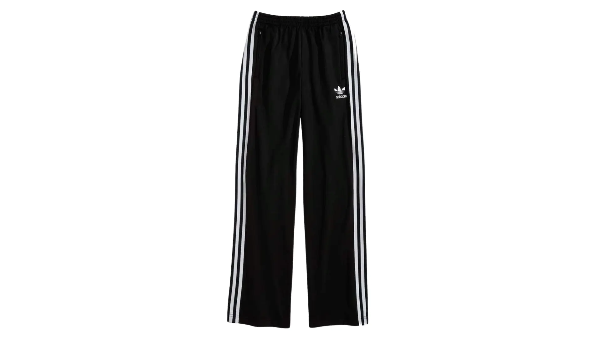 black wide-leg track pants with three vertical white stripes and a small logo are centered against a white background