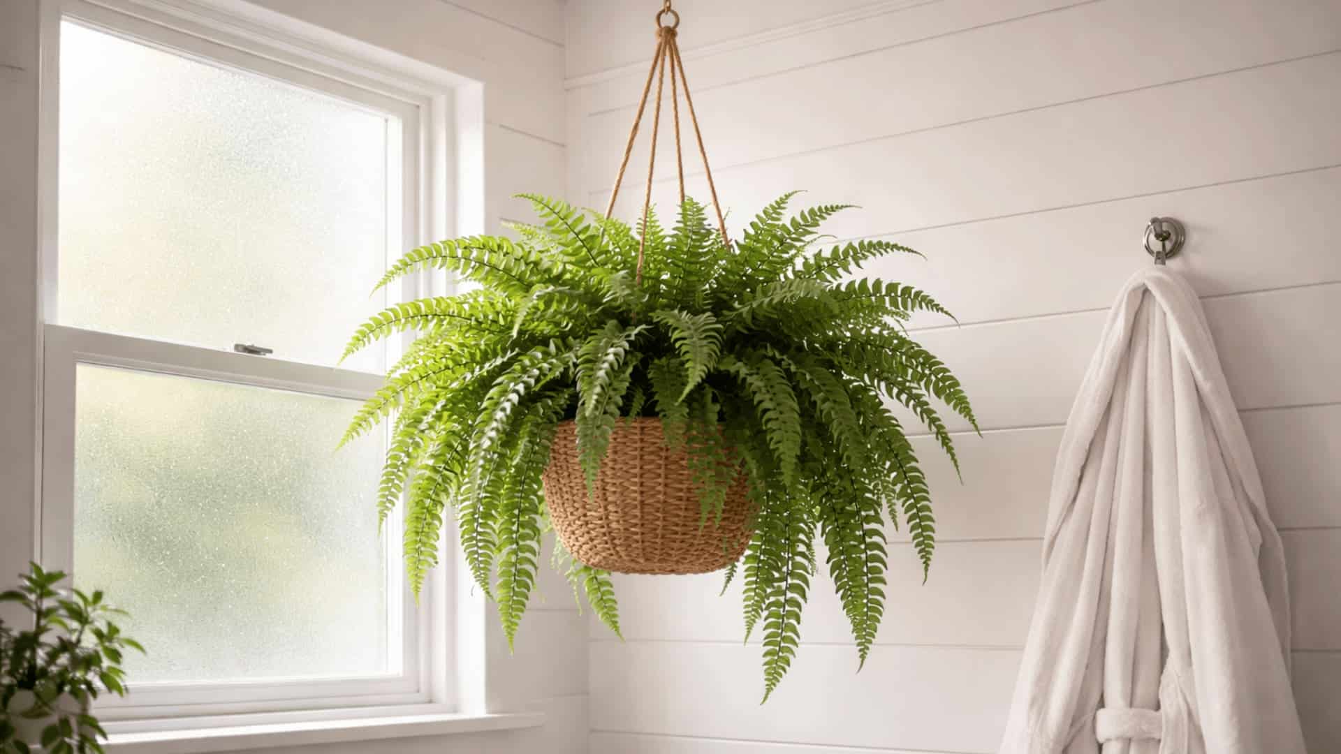 boston fern in woven hanging basket by frosted window with white shiplap walls and bathrobe nearby