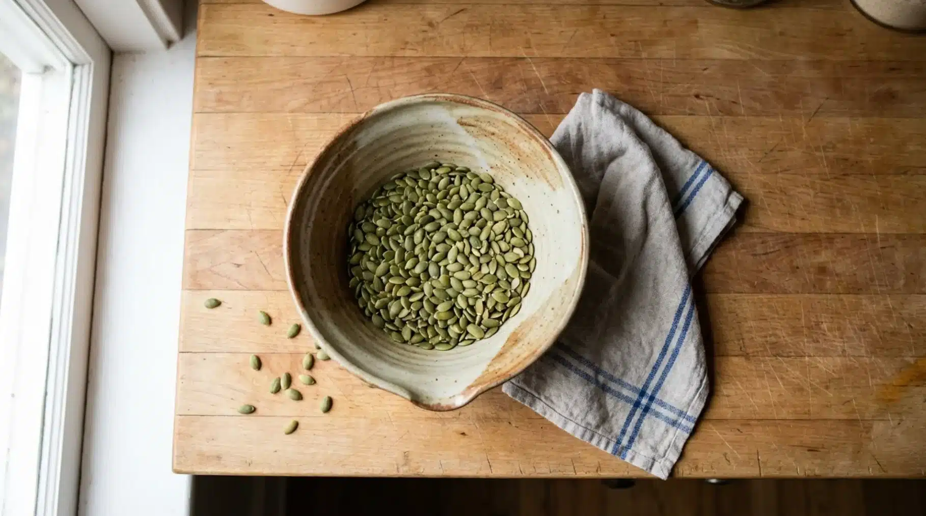 bowl filled with green pumpkin seeds on wooden table, with cloth napkin beside and few seeds scattered near window light