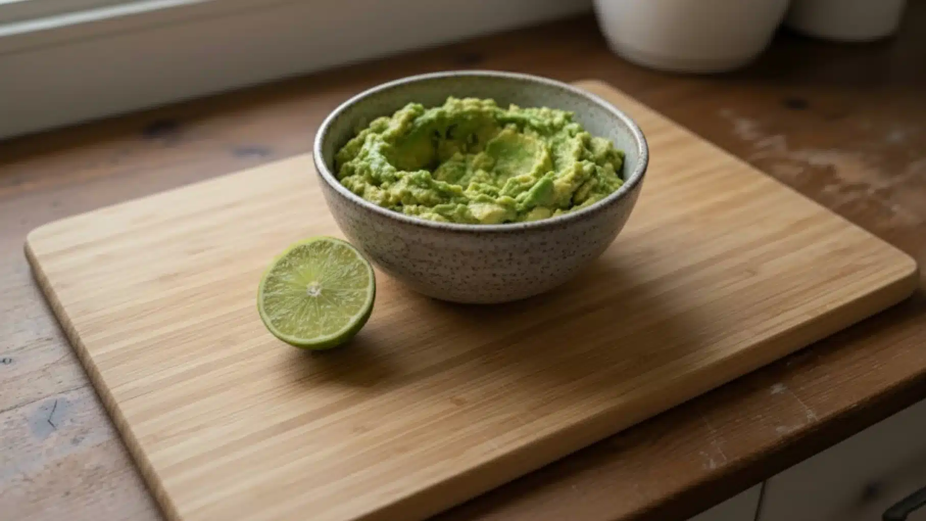 bowl of freshly made guacamole placed on a wooden cutting board next to a lime wedge, with a warm wooden background
