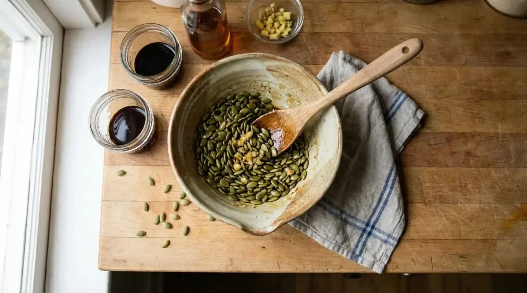 bowl of pumpkin seeds mixed with sauce, wooden spoon inside, jars of oil and soy sauce nearby on wooden kitchen table