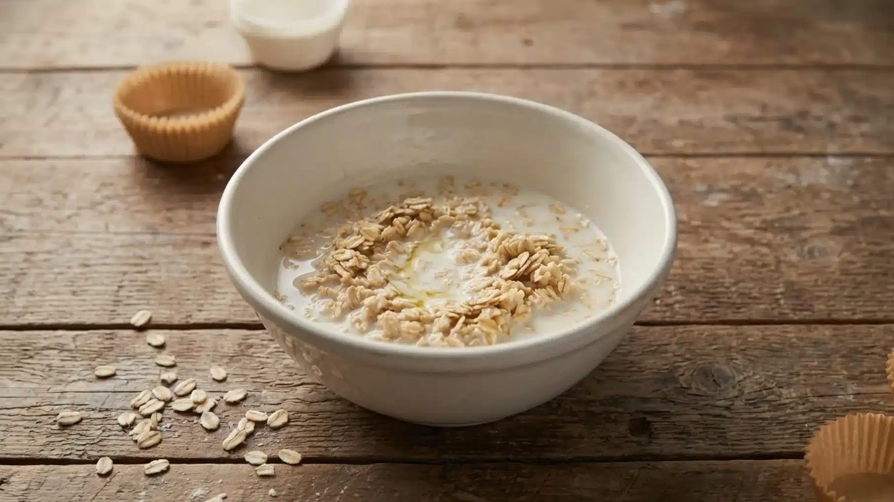 bowl with milk and rolled oats on wooden table, preparing oatmeal mixture for baked banana bars or healthy snack recipe