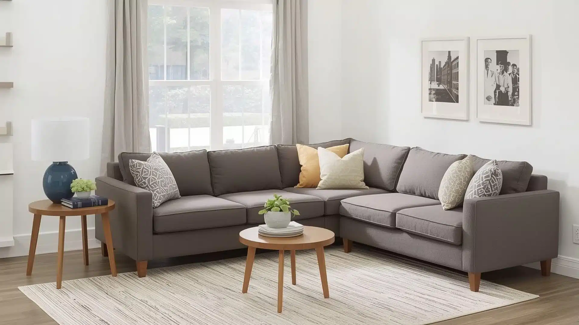 bright living room with a grey sectional sofa, wooden coffee tables, and a large window with light grey curtains