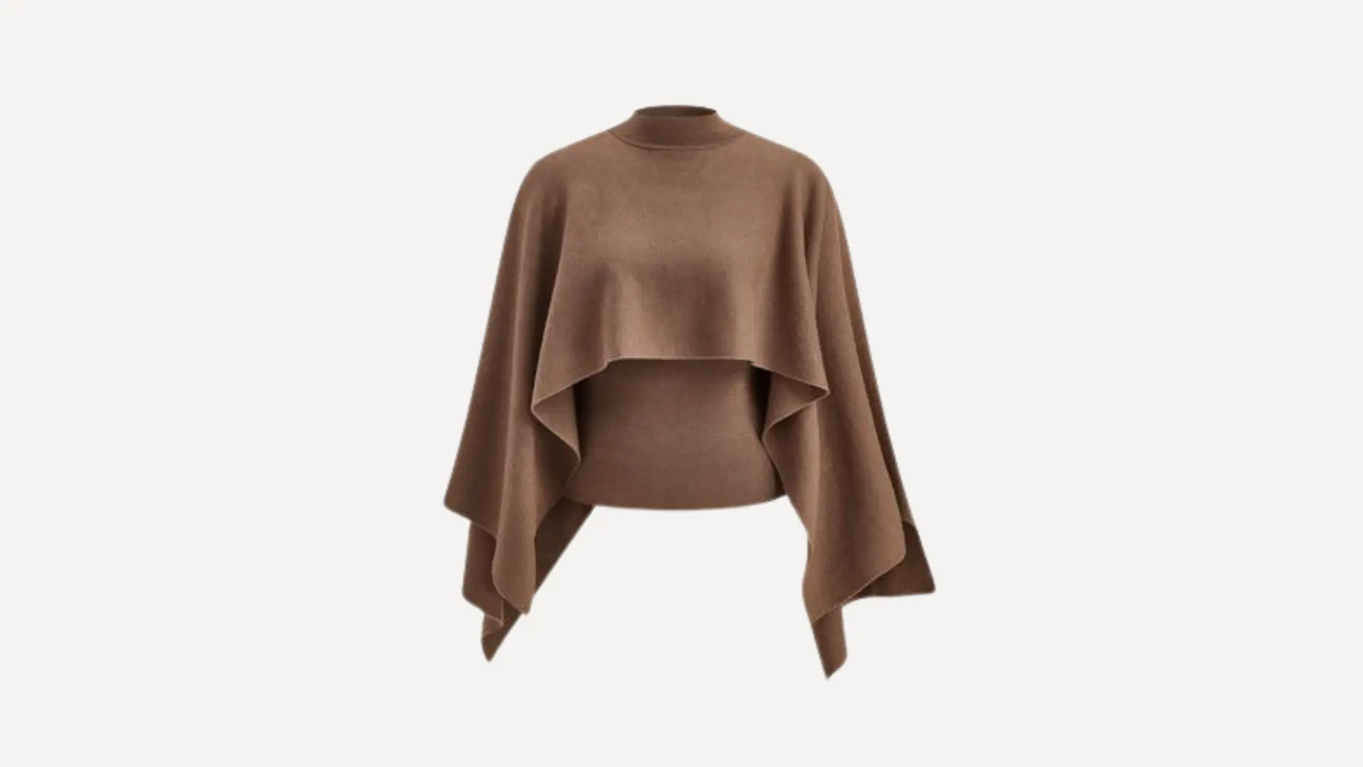 brown cape top with a high neckline and a layered, draped overlay on a plain white background