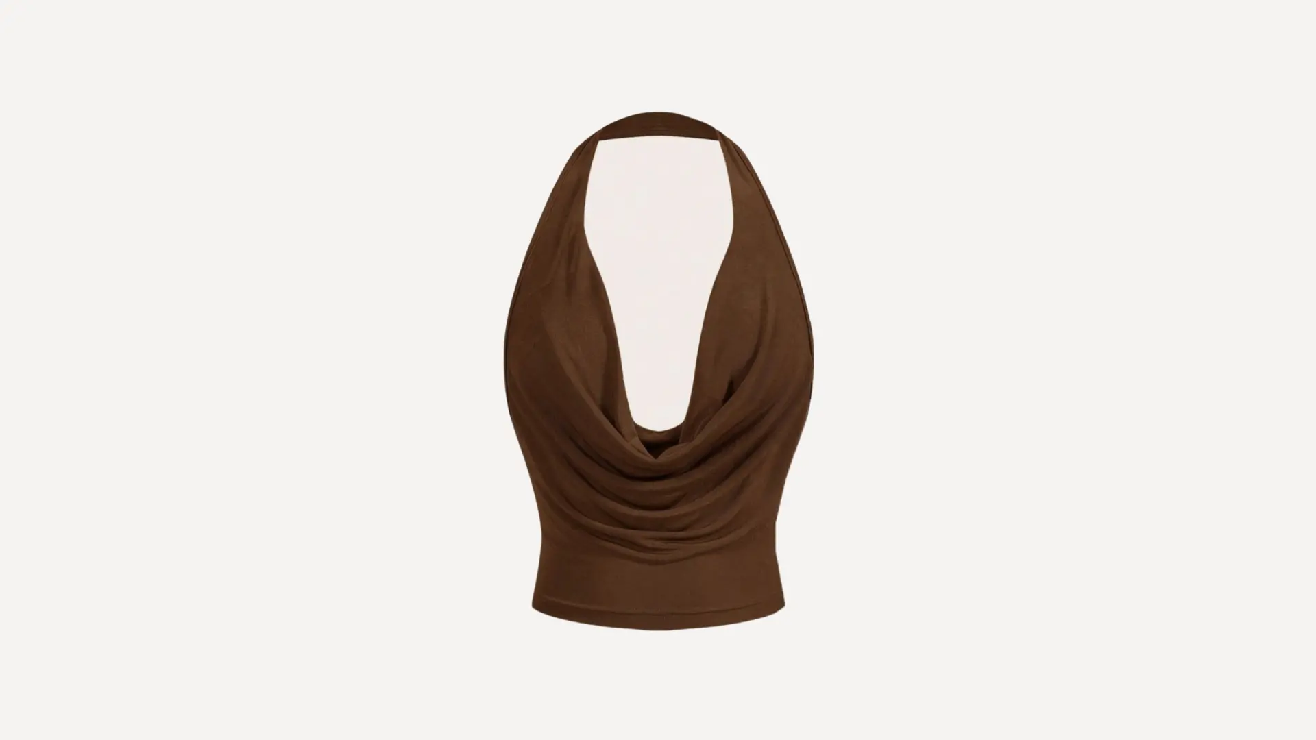 brown halter top featuring a deep draped cowl neckline and a backless design on a plain white background