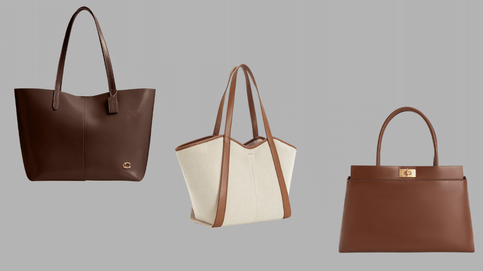 brown leather tote cream structured tote with tan straps and classic top handle handbag for a polished court look