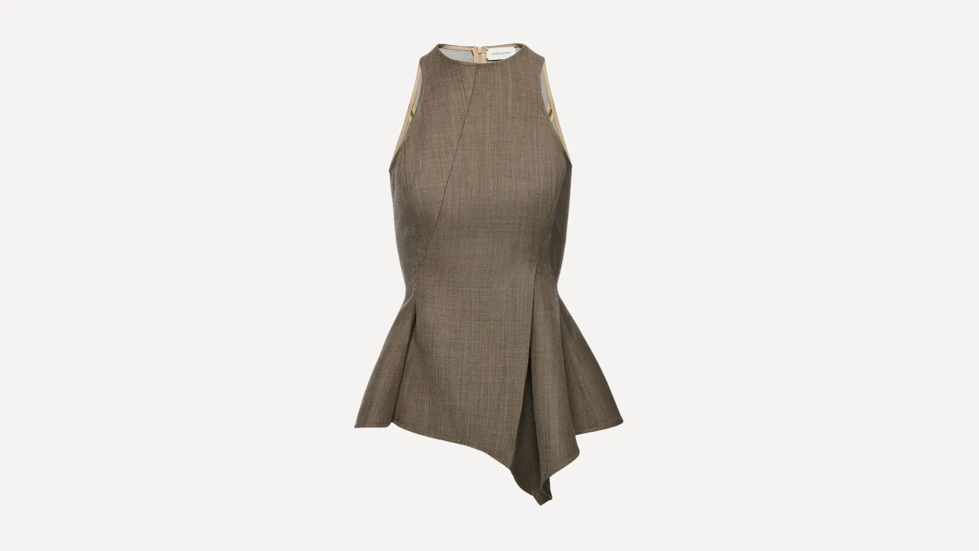 brown sleeveless flared hem top with a high neck and structured asymmetrical draped details on a plain background