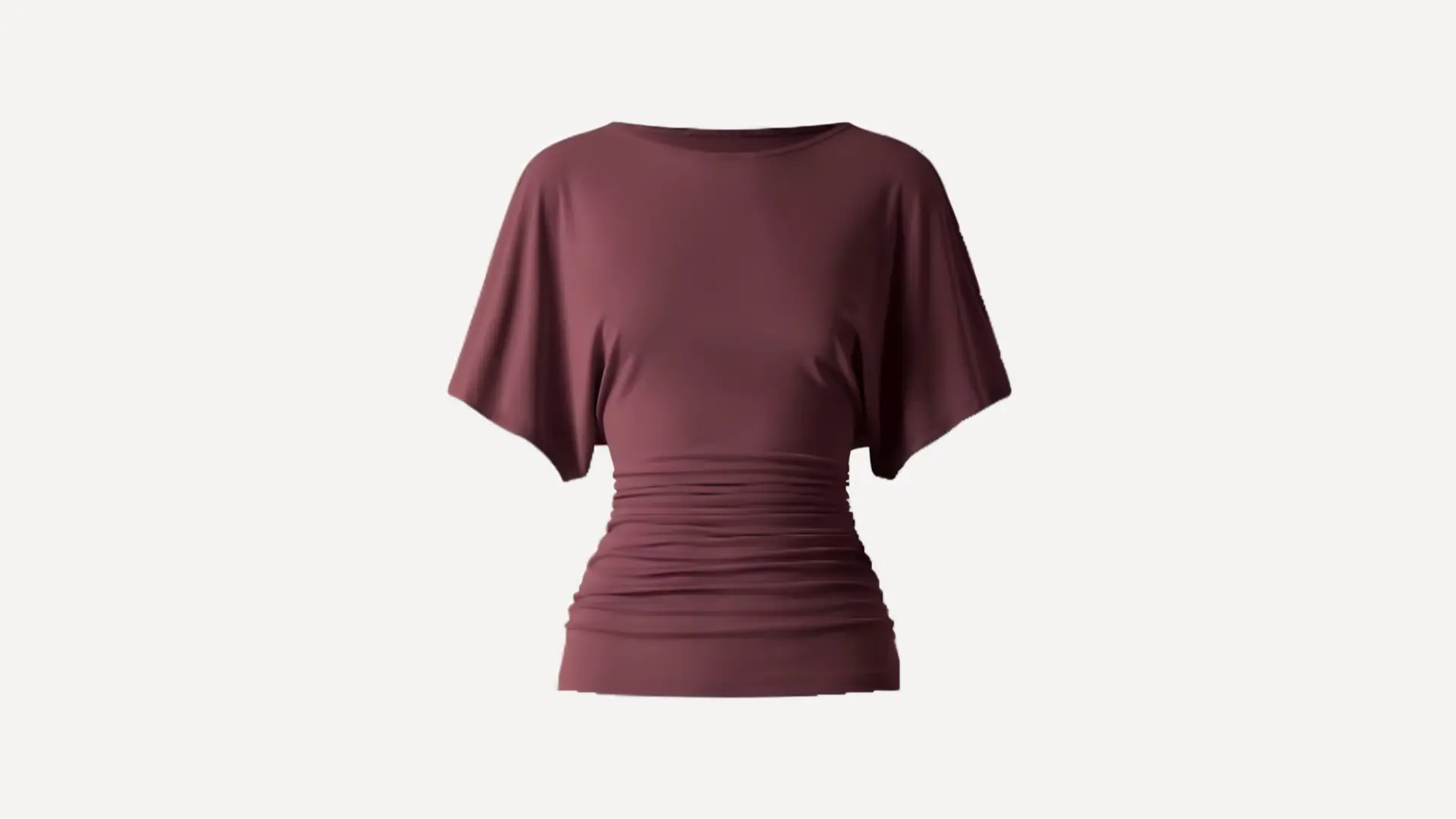 burgundy batwing _ dolman top with a boat neckline, short draped sleeves, and a ruched waist on a white background