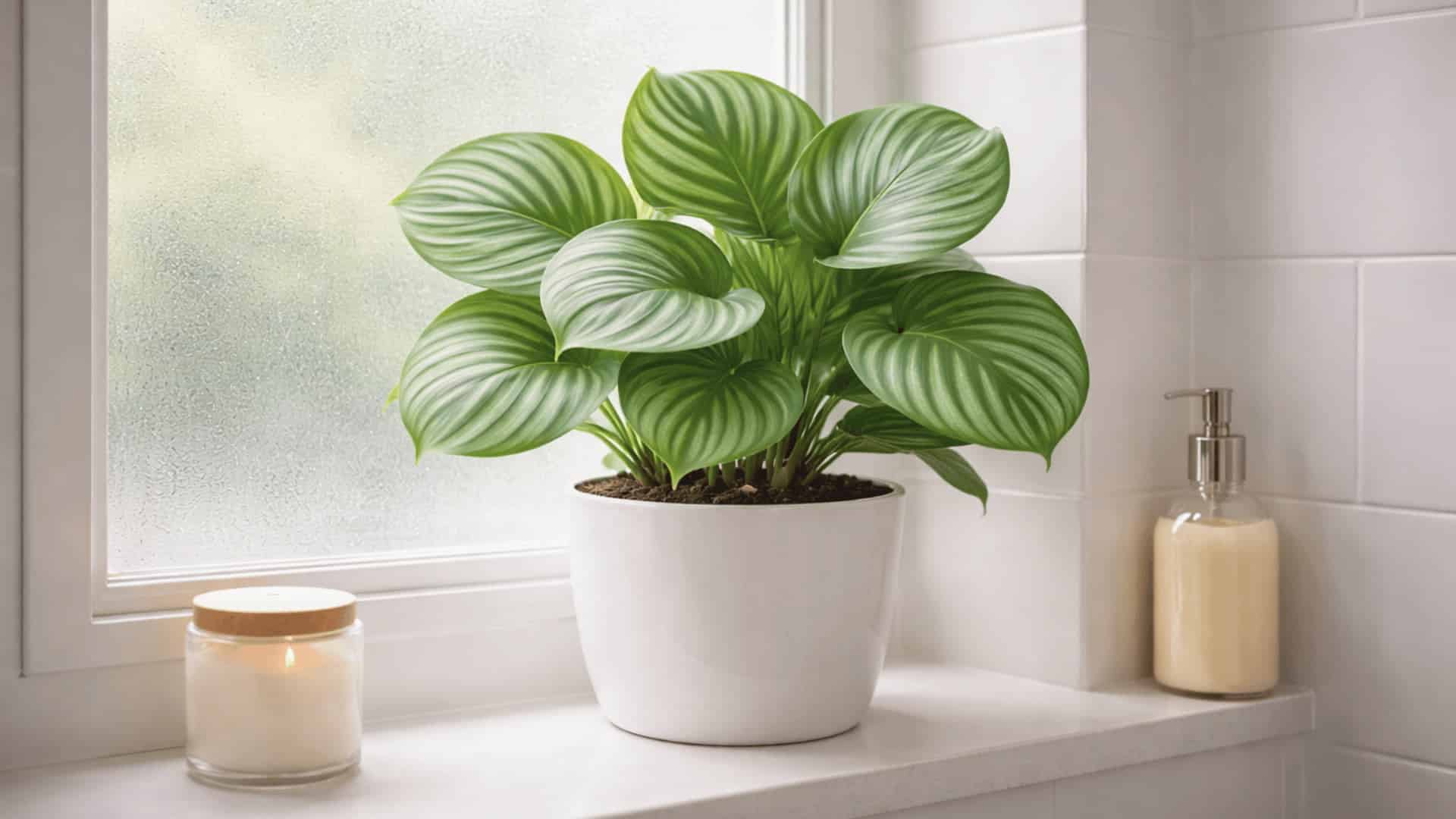 calathea orbifolia in white pot on bathroom windowsill with candle and lotion beside frosted window