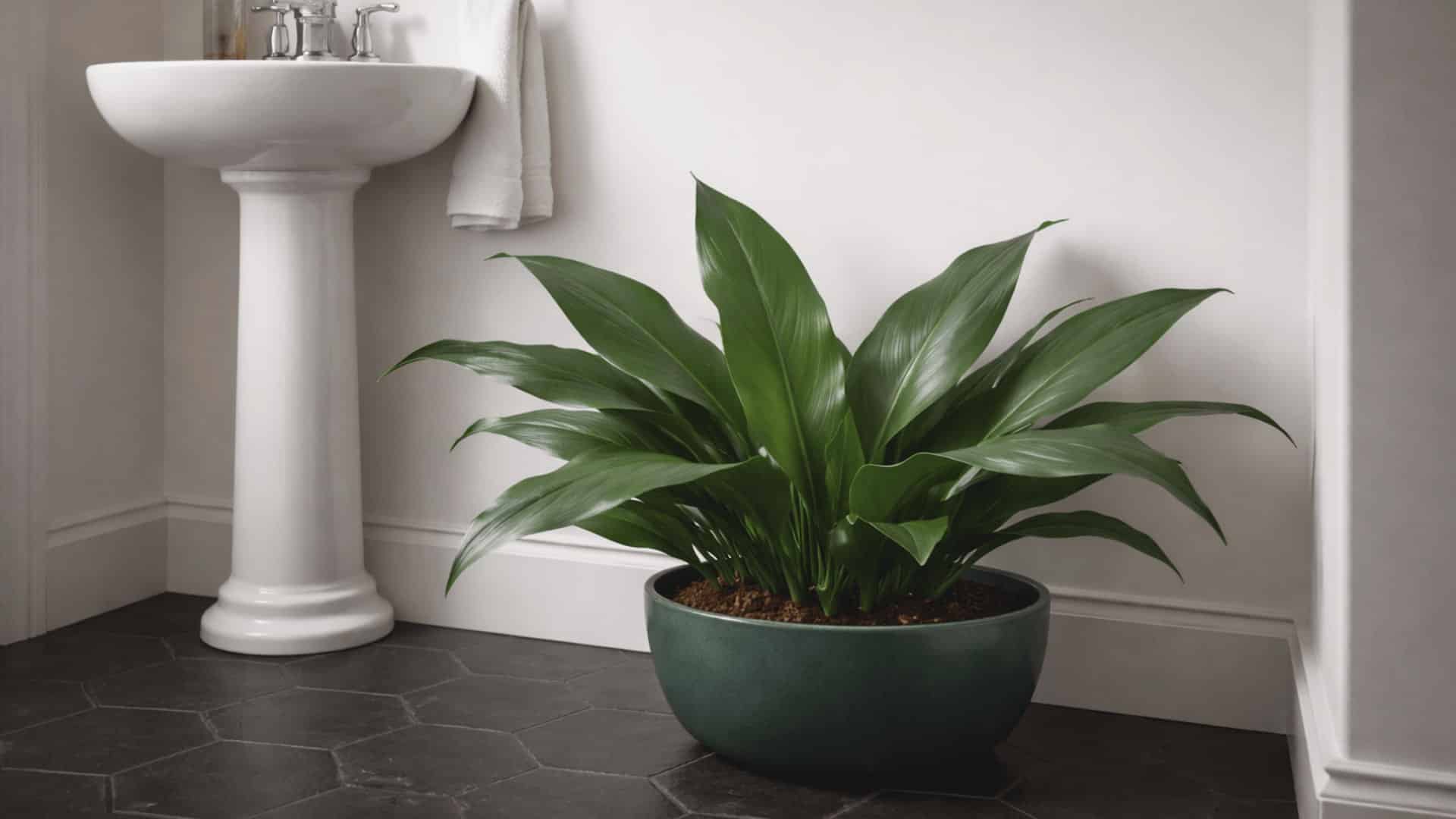 cast iron plant in wide dark green pot beside pedestal sink on black tile bathroom floor in dim light