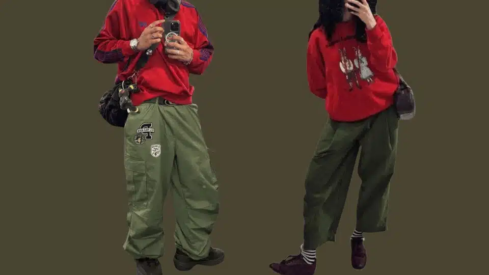 casual outfit ideas showing bold red and deep red tops with different styles of army green cargo pants