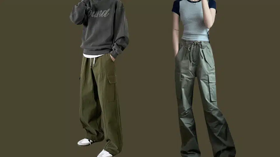 casual outfit ideas showing different shades of gray tops with olive green and army green wide leg cargo pants